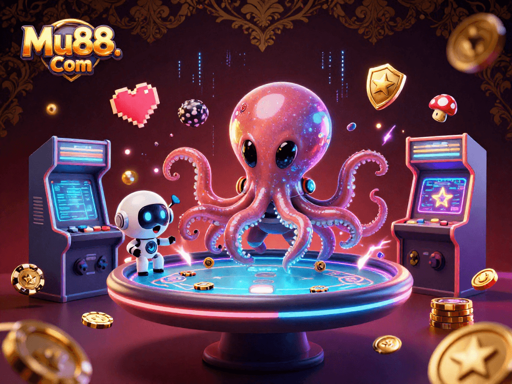 Experience the thrill of poker with Mu88. Com in an exciting 3D illustration featuring an alien octopus.