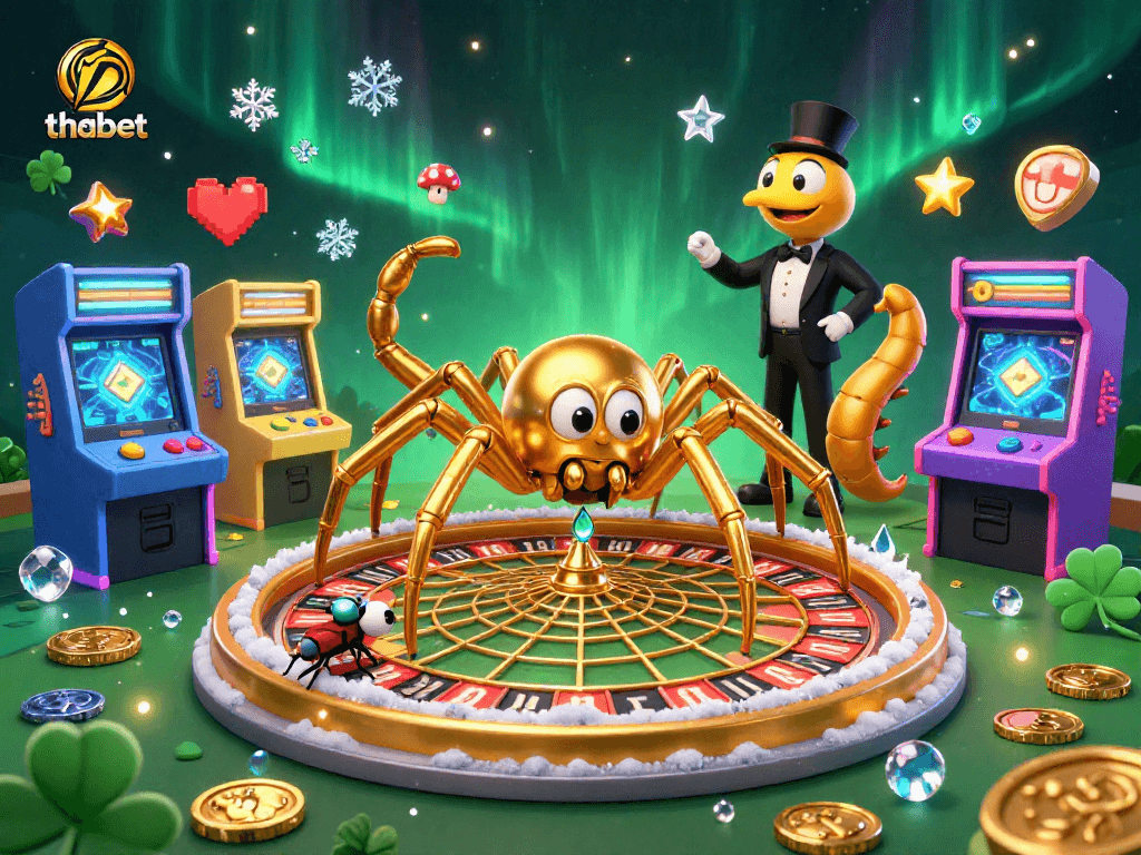 Experience the thrill of thabet with a 3D golden spider spinning bets and casino games.