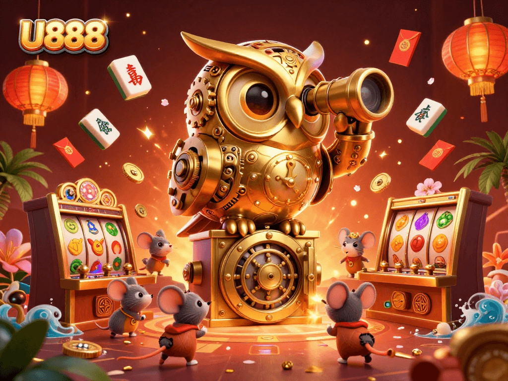 U888 showcases a vibrant casino scene with a golden owl, slot machines, and festive decorations.