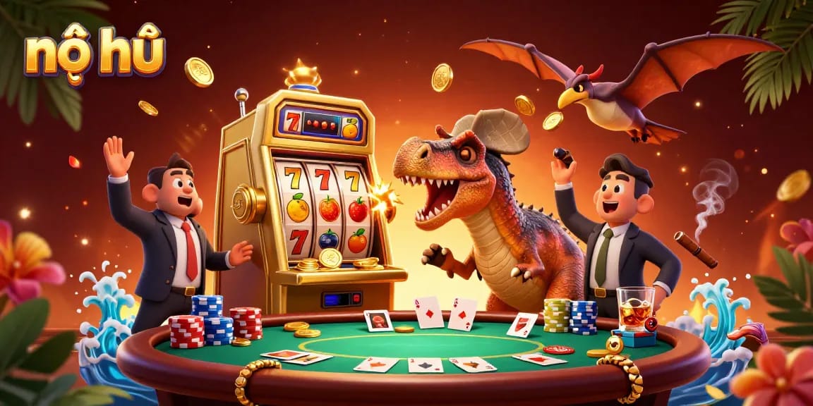Experience nổ hũ thrills as a pachycephalosaurus interacts with a golden slot machine, surrounded by vibrant casino elements.