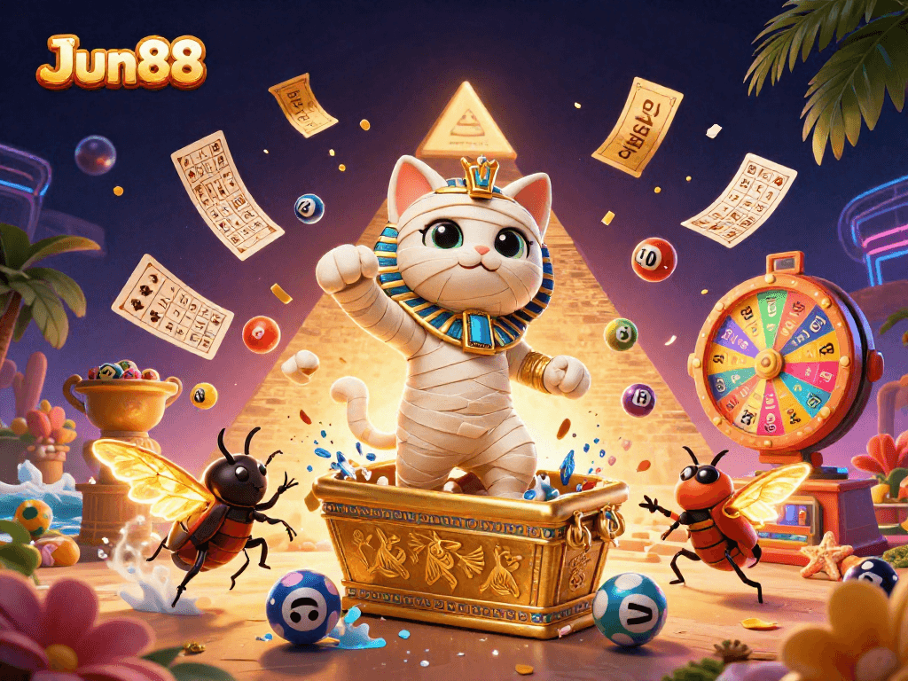 Experience JJun88's thrilling casino atmosphere with an Egyptian mummy cat and thrilling lottery elements.