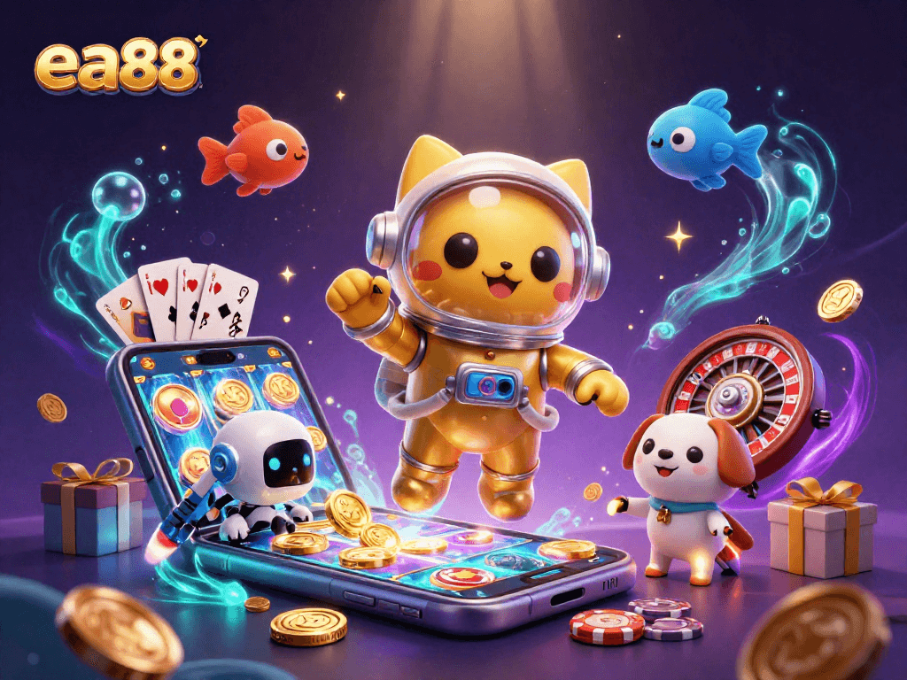 Win big with ea88 as a golden astronaut cat and robot dog navigate a vibrant casino universe.