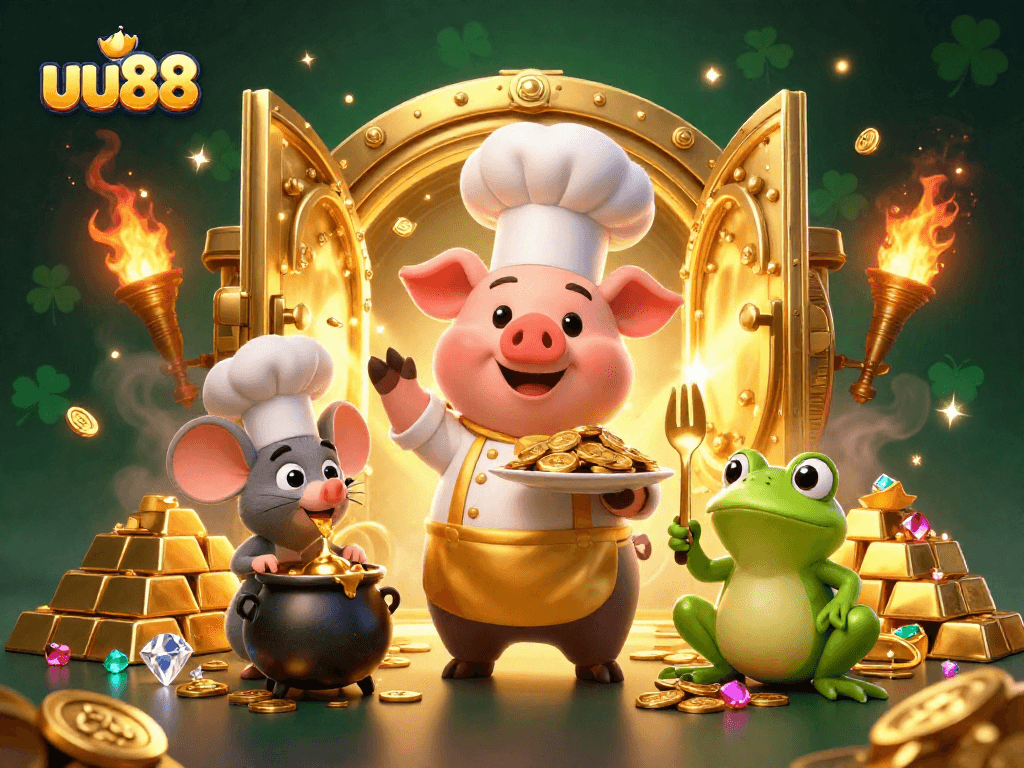 Experience the thrill of uu88's gaming with chefs serving golden coins and sparkling treasures.