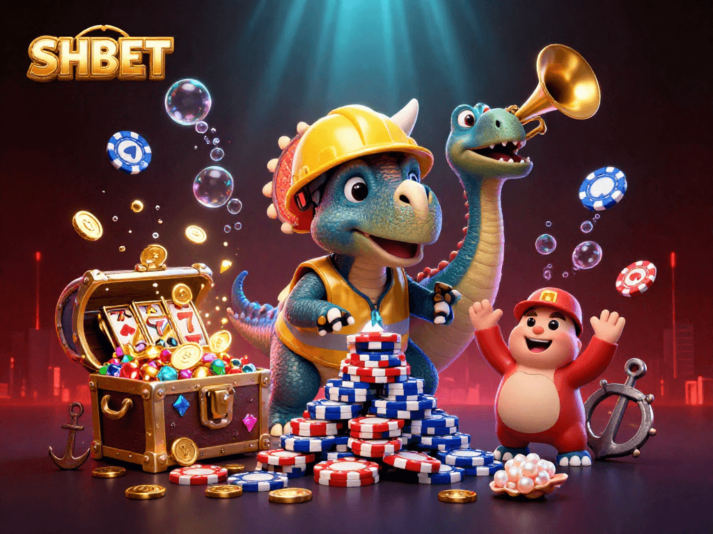 Engage with SHBET as a triceratops celebrates winning strategies in a vibrant casino underwater scene.
