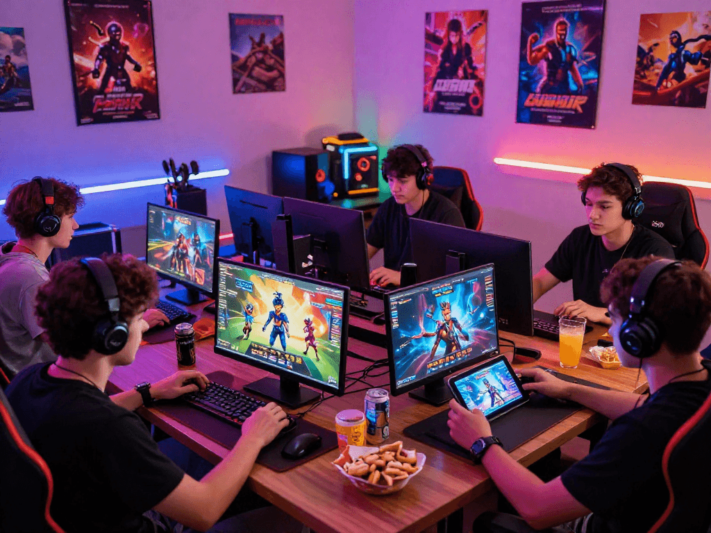 Players enjoying a lively session of porno games on multiple devices with vibrant neon decorations.