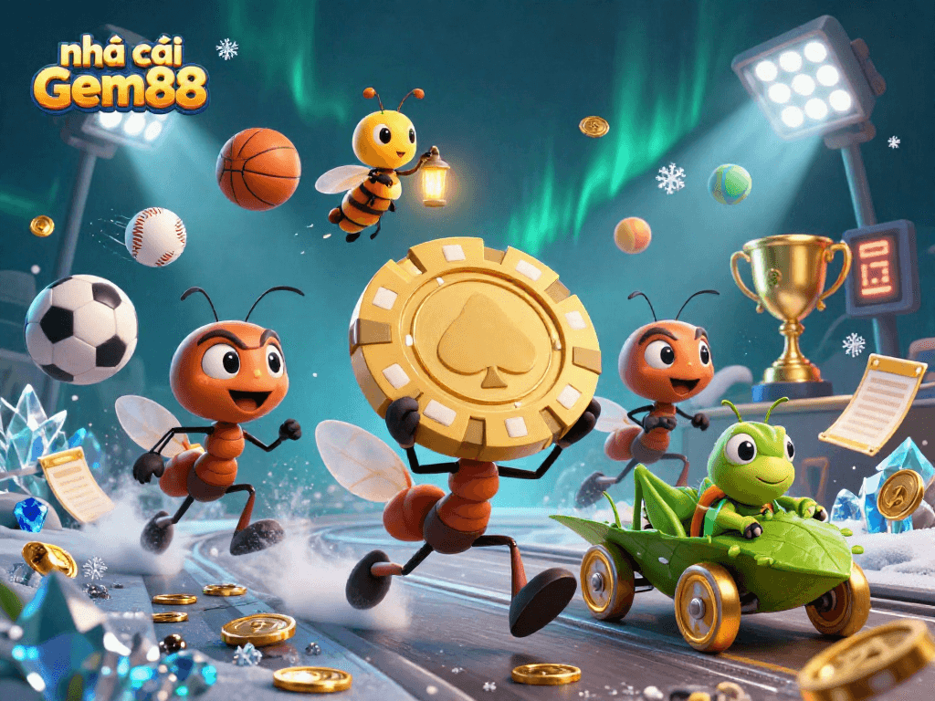 Engaging illustration showcasing nhà cái Gem88 featuring cartoon ants and sports elements in a dynamic gambling scene.