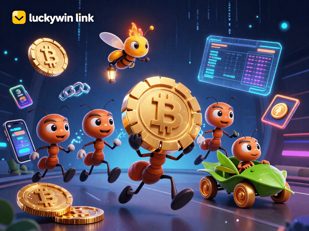 Experience thrilling gameplay with the luckywin link featuring cartoon ants heisting a giant poker chip.