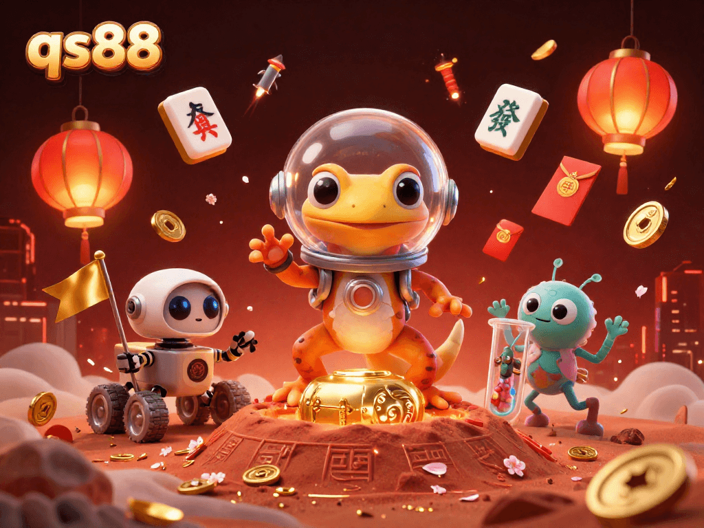 Experience the thrill of qs88 with a Martian gecko discovering an alien casino, surrounded by exciting gaming elements.