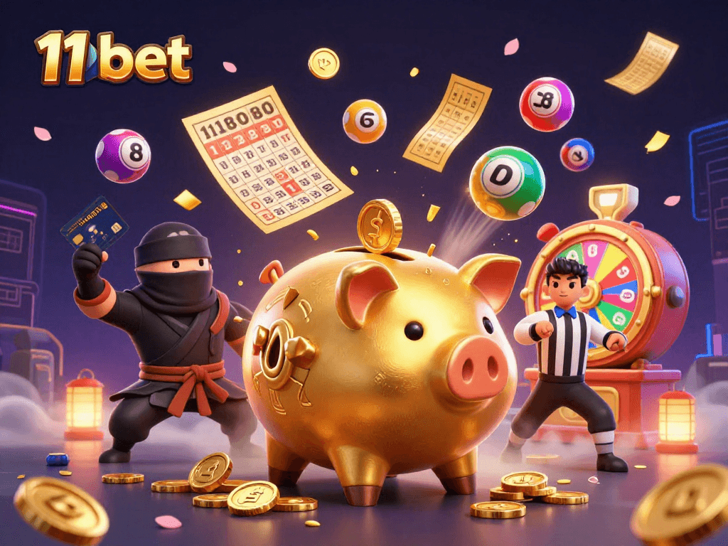 Experience dynamic fun with 11bet's vibrant 3D casino scene featuring cash prizes and games.