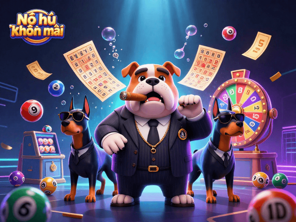 Nổ hũ khuyến mãi showcases an animated mafia bulldog cartoon character with lively lottery elements.