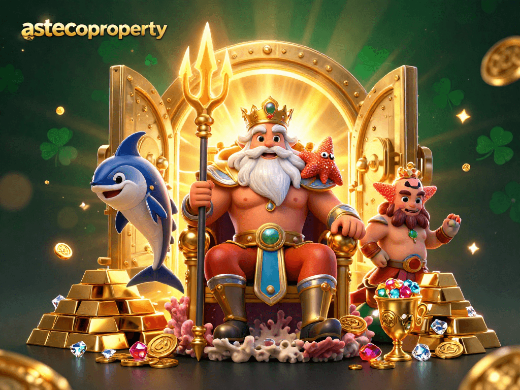 Play exciting games at astecoproperty featuring Neptune and treasure elements in a vibrant casino illustration.