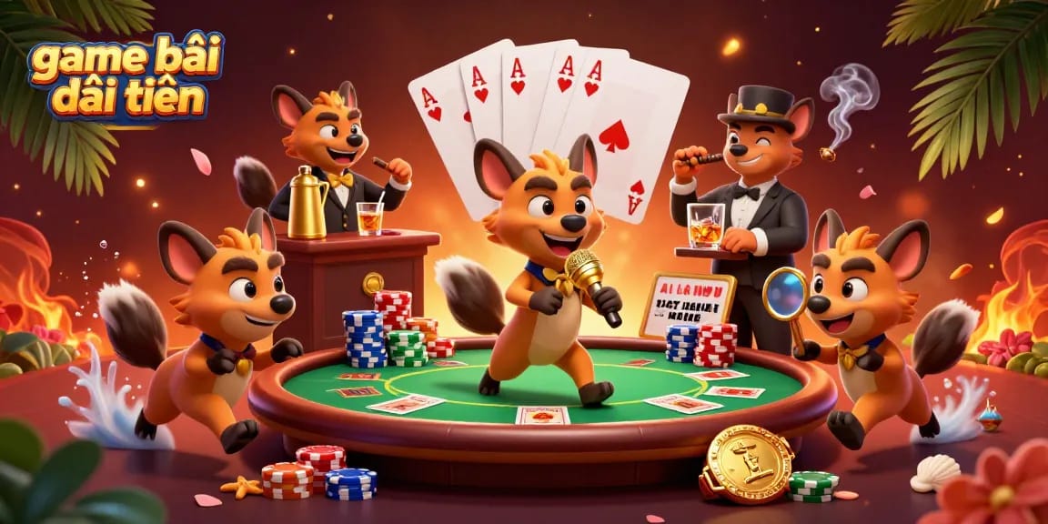 Experience the game bài đổi thưởng with vibrant hyenas in a dynamic casino scene packed with action.