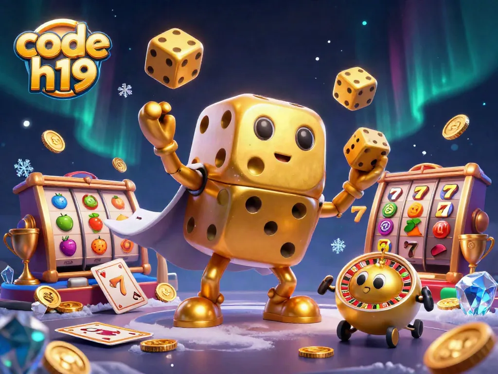 Engage in thrilling gameplay with code h19 on massive golden dice golem surrounded by vibrant casino elements.