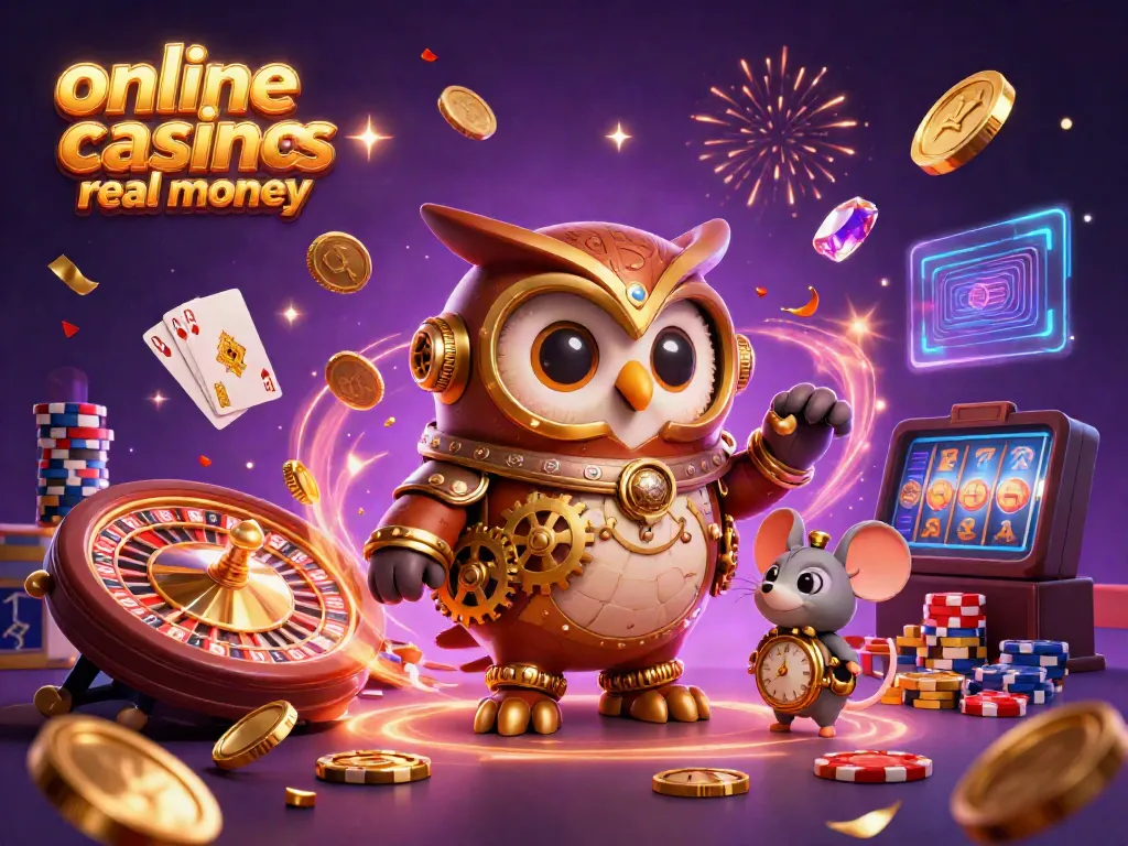 Experience thrilling online casinos real money with a time-traveler owl, casino games, and vibrant elements.