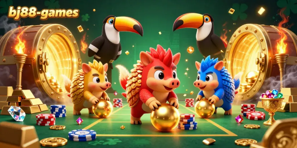 Experience thrilling gaming with bj88-games, featuring vibrant pangolins in a colorful casino scene.