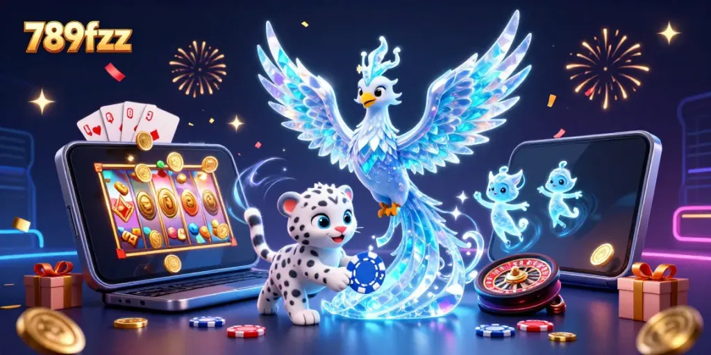 Experience the excitement of 789fzx casino gaming with a vibrant 3D illustration showcasing a magical phoenix, icy sprites, and dynamic gaming elements.