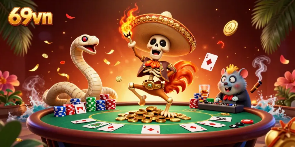 Experience the thrill of winning at 69vn with vibrant characters dancing on piles of gold coins.