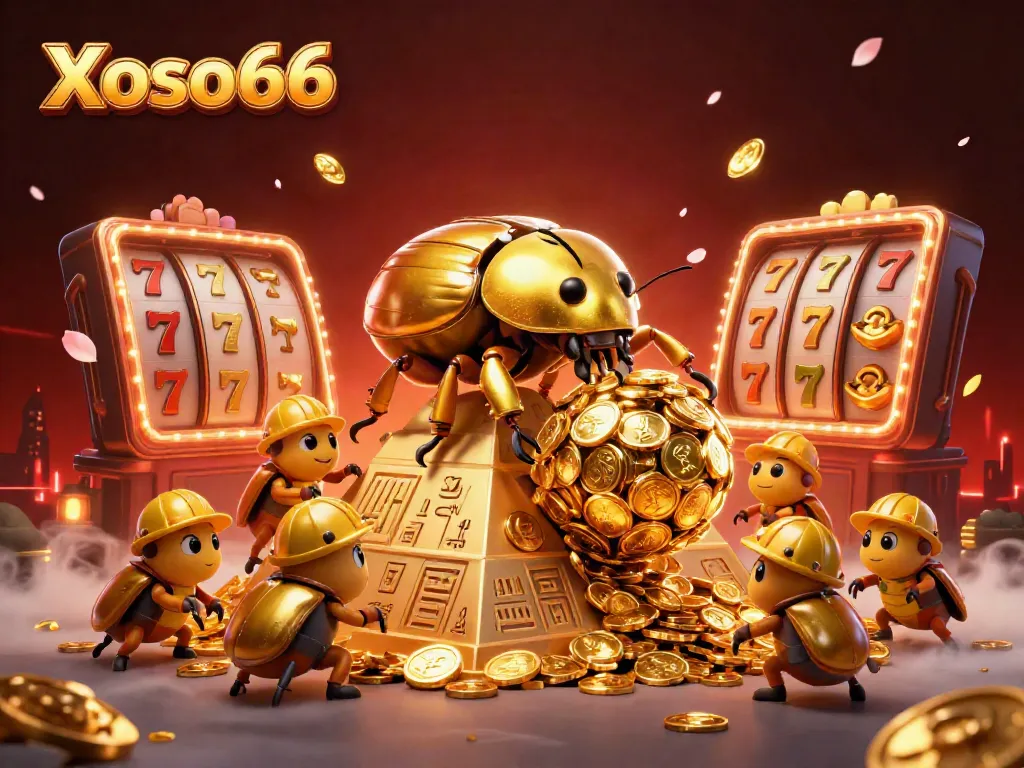 Xoso66 showcases a massive golden dung beetle rolling coins up a pyramid, highlighting luxury casino vibes.
