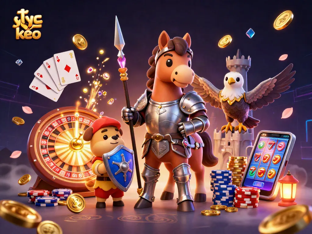 Engage with ty le keo as a knight, puppy, and falcon illustrate vibrant casino elements.