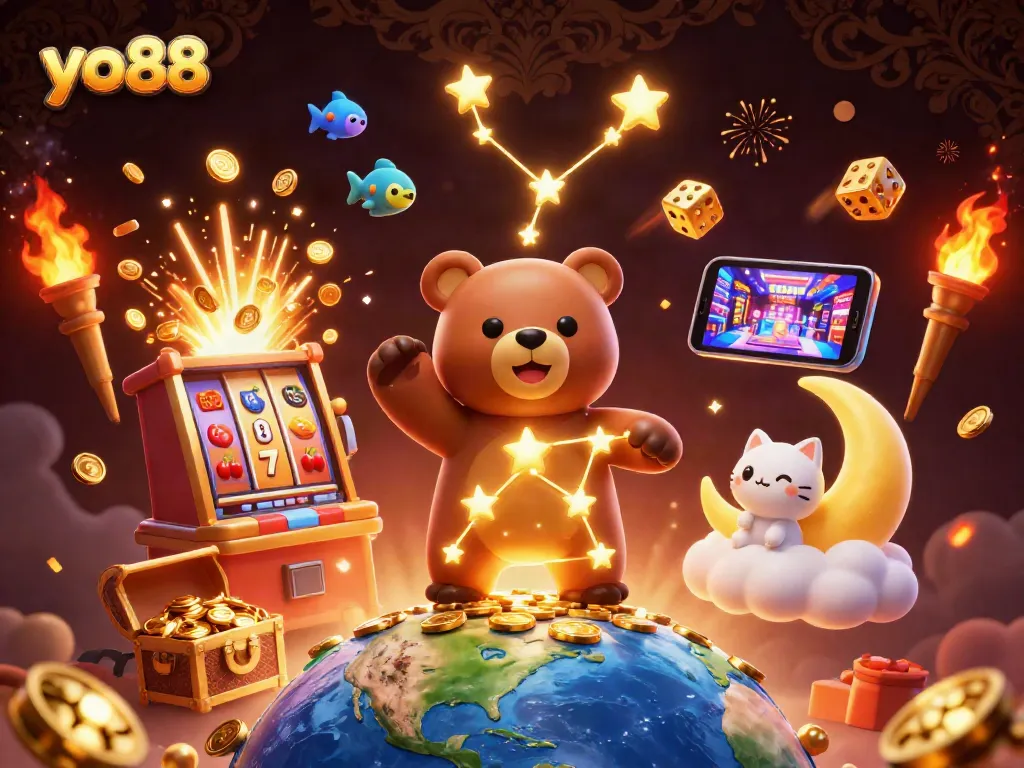 Spin big wins with yo88 at a vibrant online casino, featuring a dazzling 3D slot machine scene.