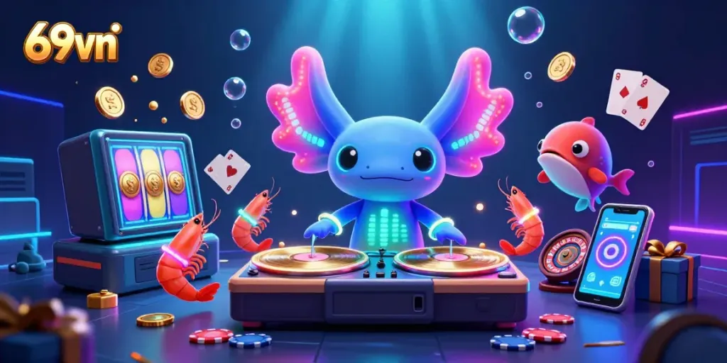Experience the vibrant ambiance of 69vn with a neon-colored axolotl DJ surrounded by dancing sea creatures and casino elements.