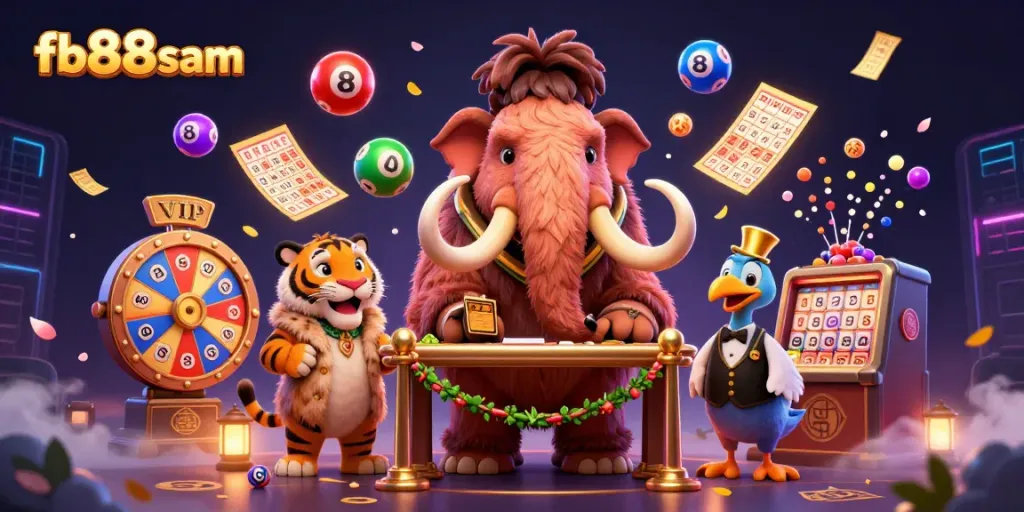 Experience fb88sam's vibrant gaming atmosphere with a cartoon mammoth bouncer checking IDs amidst lottery elements.