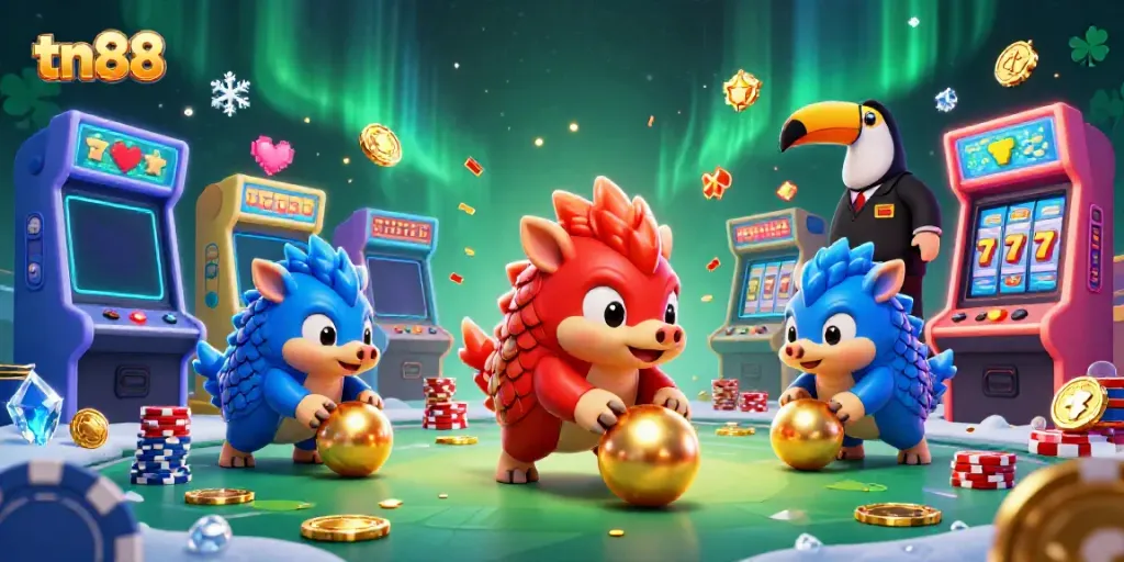 Experience excitement at tn88 with cartoon pangolins bowling through poker chips in a vibrant casino setting.