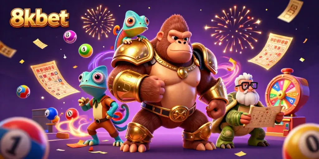 Experience thrilling action with 8xbet as a gorilla king leads a vibrant casino celebration.