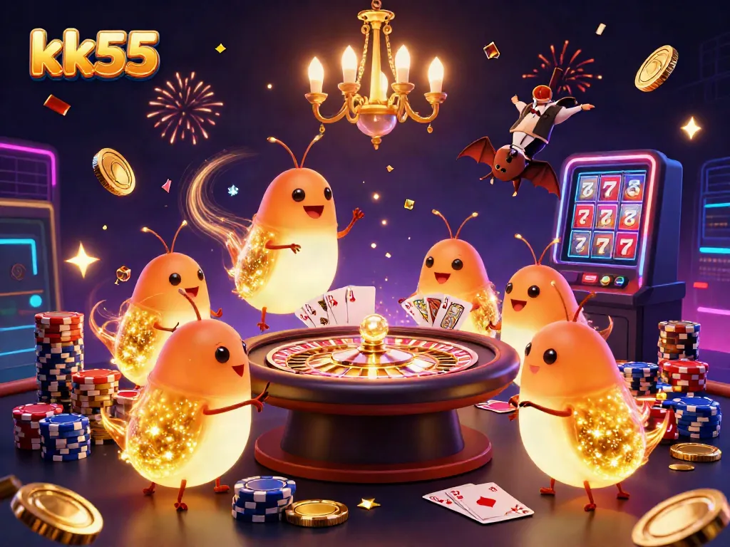 Experience the excitement at KK55 casino with vibrant glowworms lighting up the scene while players engage in thrilling games.