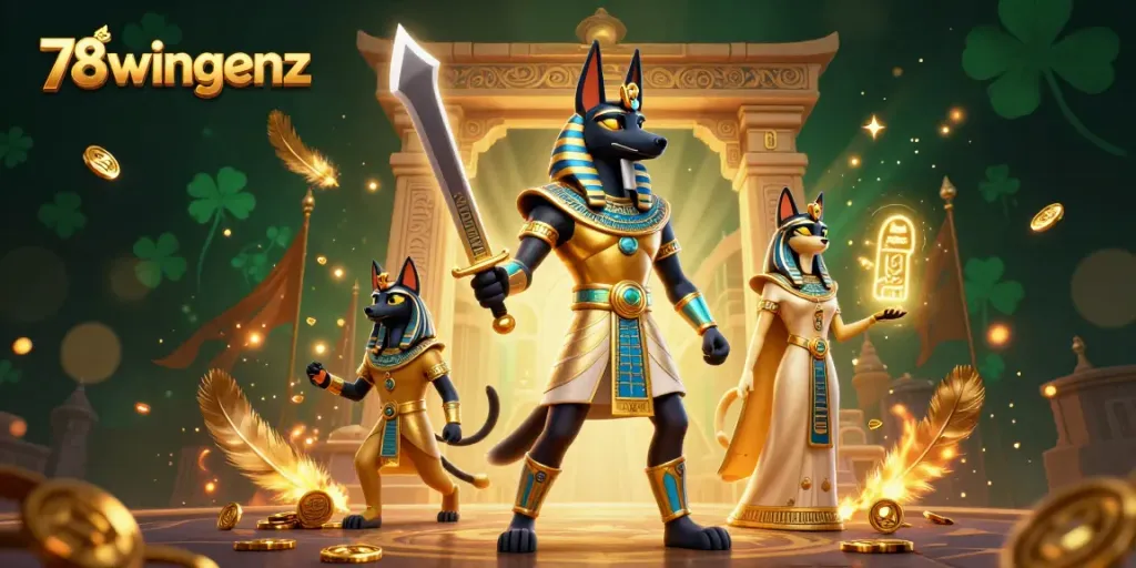 Experience thrilling gameplay at 78wingenz with Anubis and Bastet in an exhilarating casino scene.