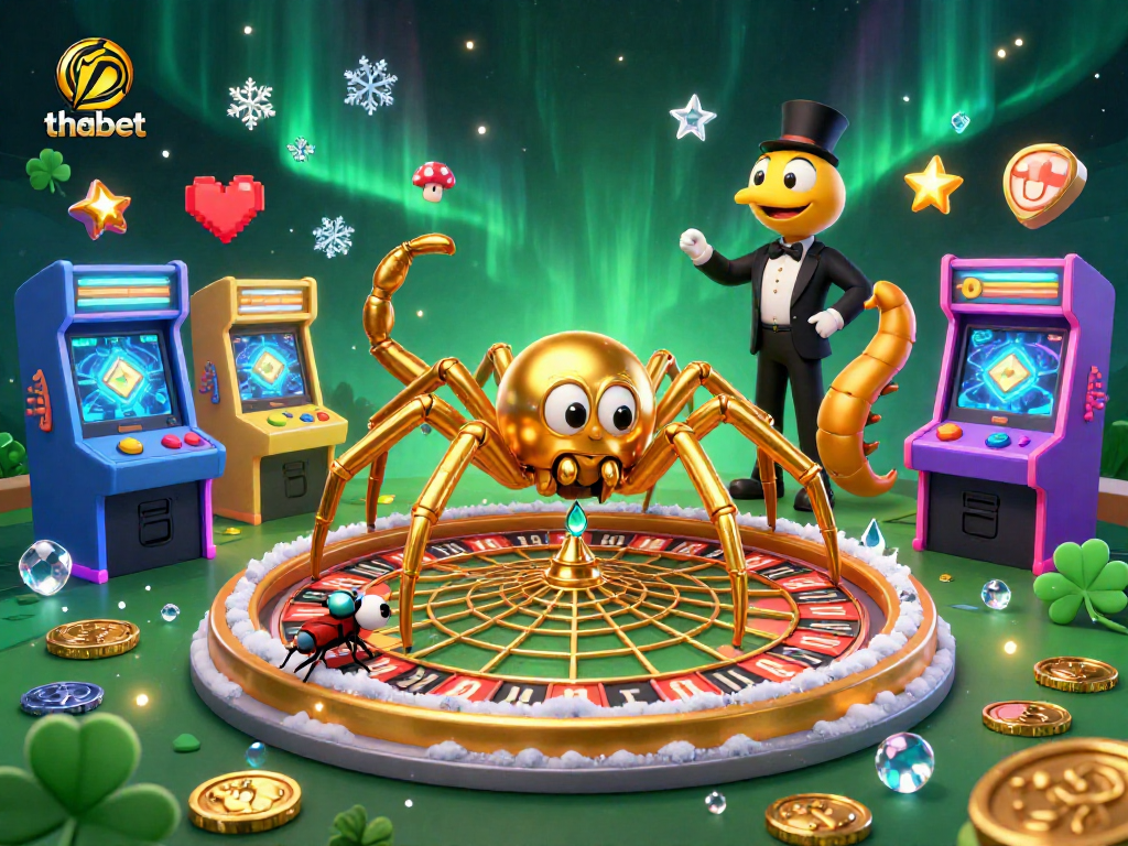 Experience the thrill of thabet with a 3D golden spider spinning bets and casino games.