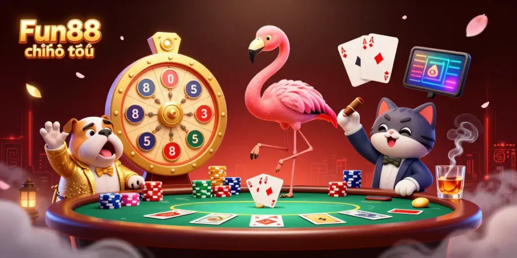 Experience Fun88 chính thức with vibrant cartoon characters at a lively online casino scene.