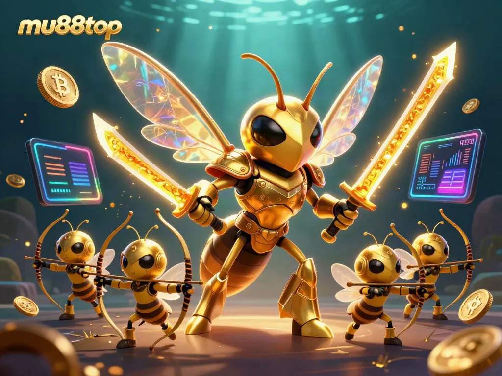 Win big at mu88top with 3D characters amidst vibrant casino elements and glowing crypto coins.