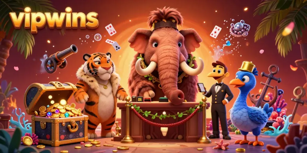 Experience VIPWins with an ultra-detailed 3D illustration featuring a mammoth bouncer, saber-tooth VIP, and dodo doorman.