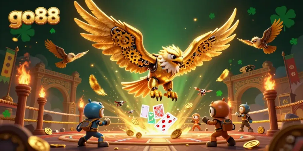 Experience the dynamic energy of go88 with a cybernetic eagle diving through holographic cards amidst dazzling casino elements.