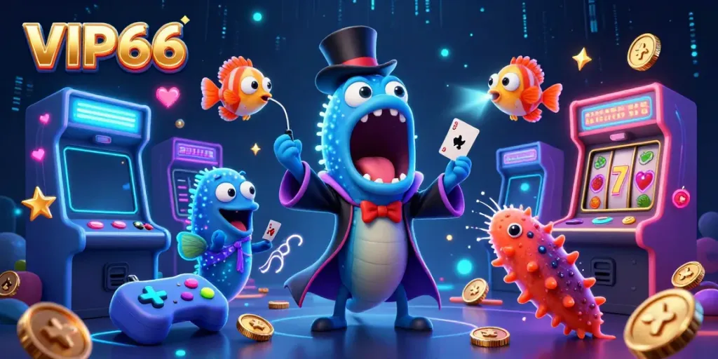 VIP66 showcases a magical deep-sea casino scene with unique characters performing card tricks amidst colorful game elements.