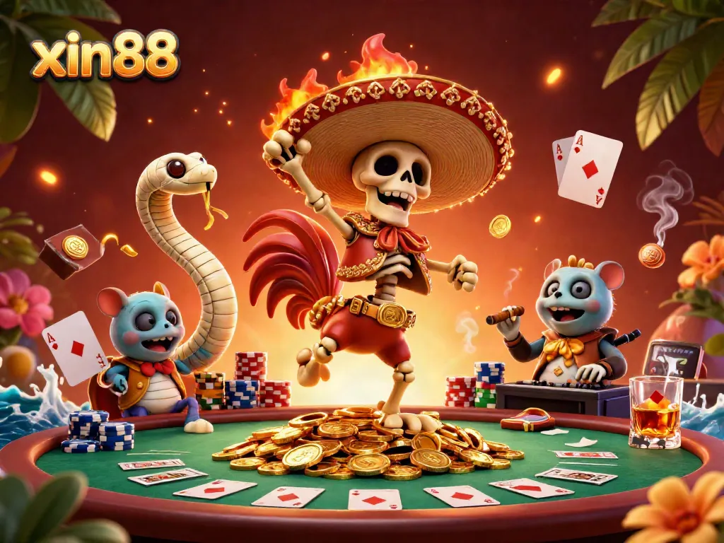 Experience the excitement of xin88 with a vibrant 3D illustration featuring a festive skeleton mariachi, a mummy snake, and a DJ hamster.