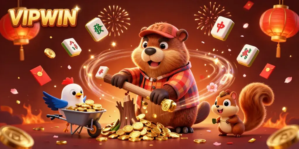 VIPWIN celebrates gaming with animated characters collecting golden coins and festive elements.