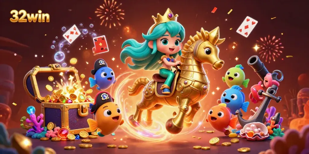 Experience the excitement of the 32win casino world with vibrant characters and underwater treasures.