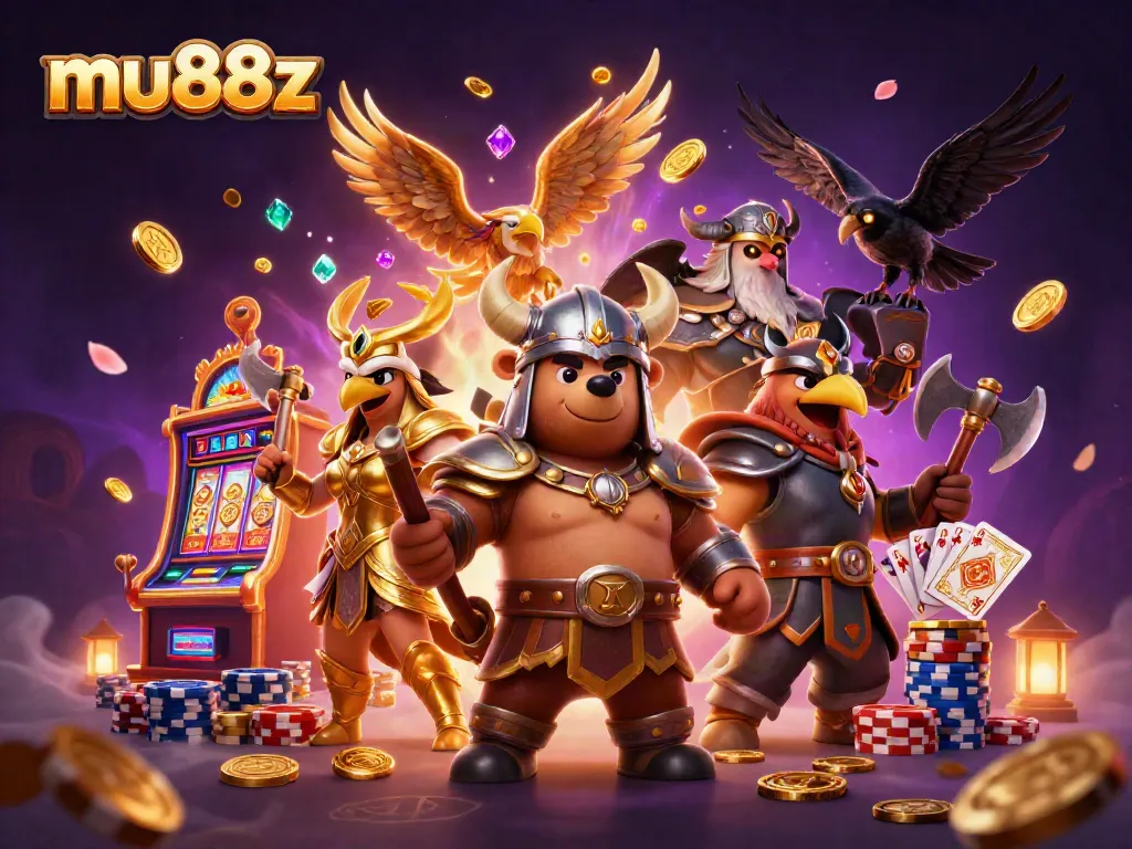 Engage with thrilling spins at mu88z's exciting online slot games, featuring colorful animations and vibrant coin cascades.