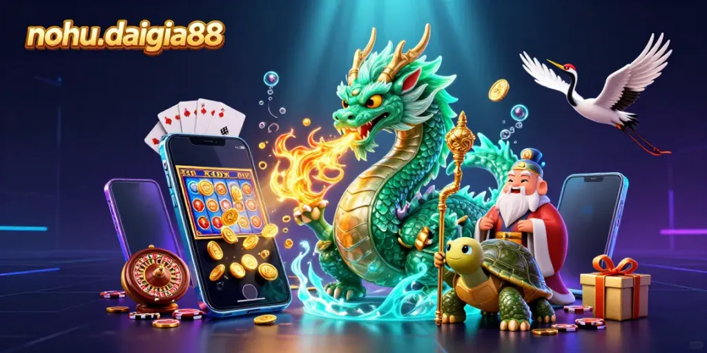 Experience the excitement of nohu-daigia88 where a jade dragon breathes fire as lucky cranes soar amidst a vibrant casino scene.