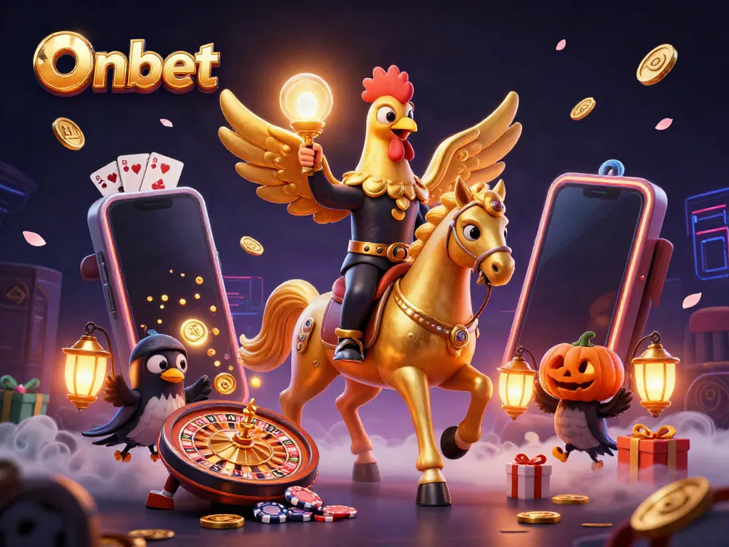 Experience the thrill of Onbet slots in an illuminated casino setting with golden coins and vibrant games.