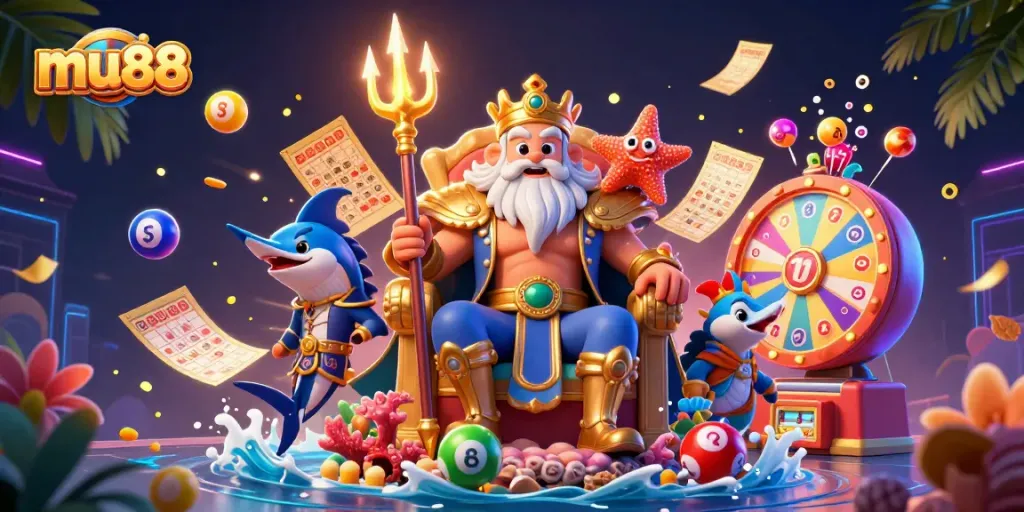 Experience thrilling gaming with mu88 as Neptune and his companions celebrate in a vibrant casino-themed scene.