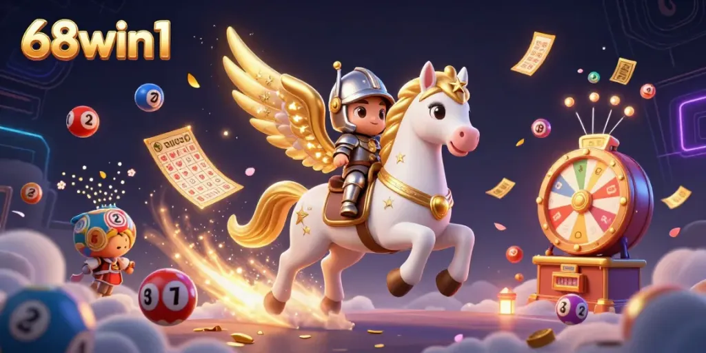 Experience the thrilling excitement of 68win1 with a dazzling scene of winning lottery balls and a charming knight.