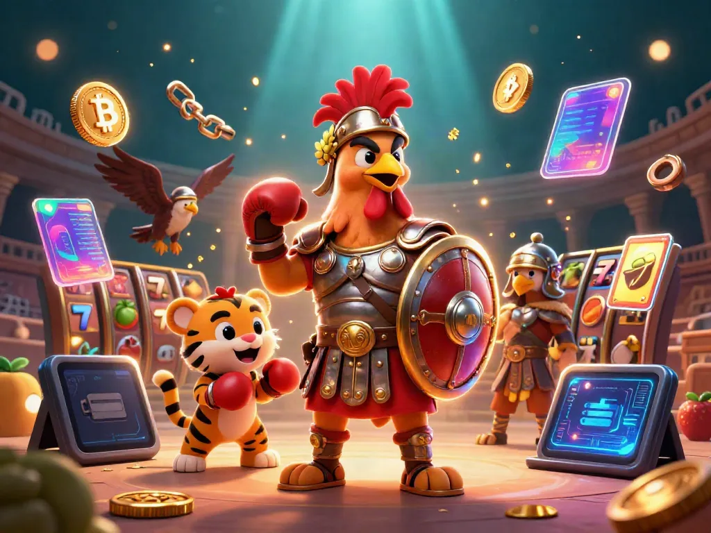 Engaging slot illustration featuring a gladiator rooster and a tiger cub amidst vibrant casino elements