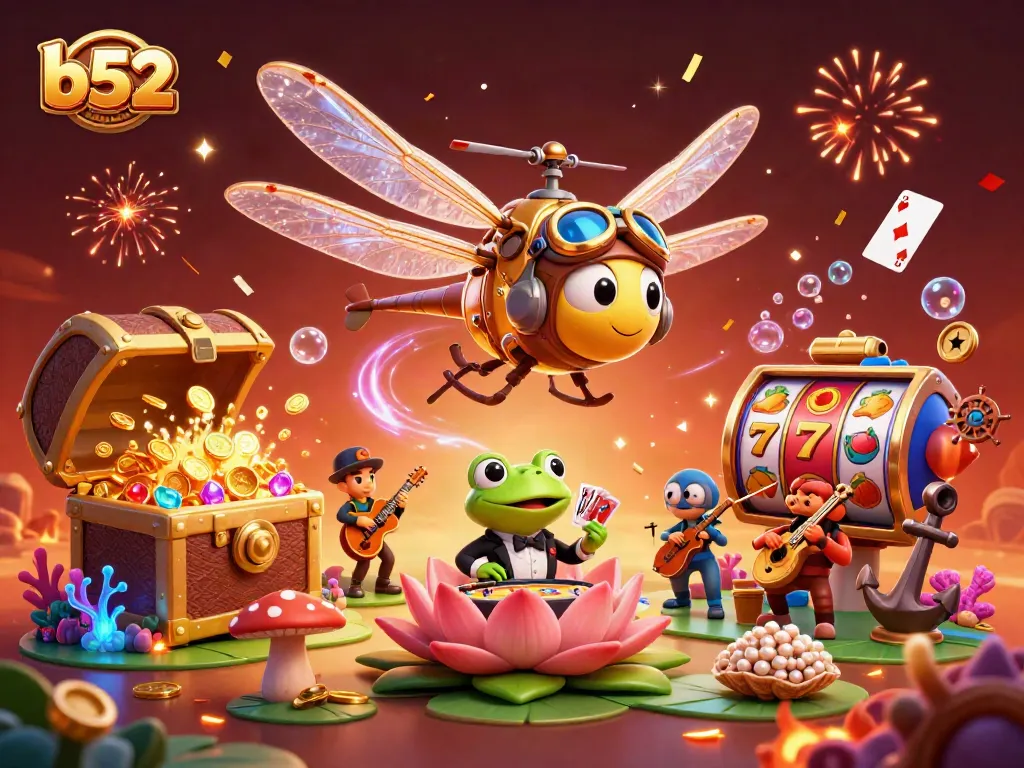 Engage with the vibrant b52 casino scene featuring a dragonfly pilot and card-dealing frog croupier.