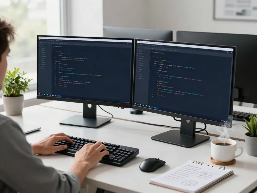 Download old version in a tech workspace with coding setup and dual monitors.
