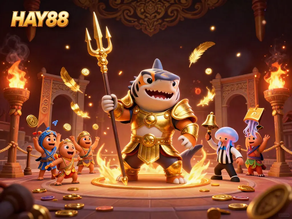Engage with HAY88's thrilling underwater casino world featuring a dynamic shark gladiator scene.
