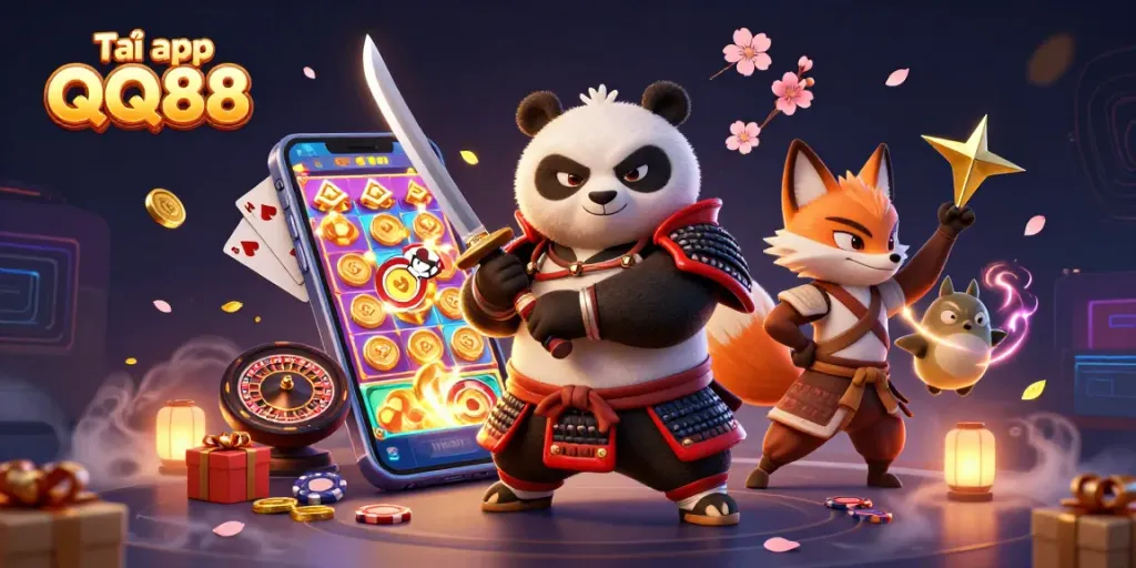 Tải app QQ88 and enjoy exciting gaming with a fierce panda, ninja fox, and magical tanuki!