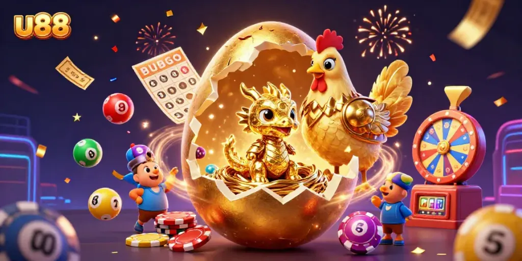 Watch u88's golden dragon emerge from a jackpot egg alongside vibrant lottery elements.